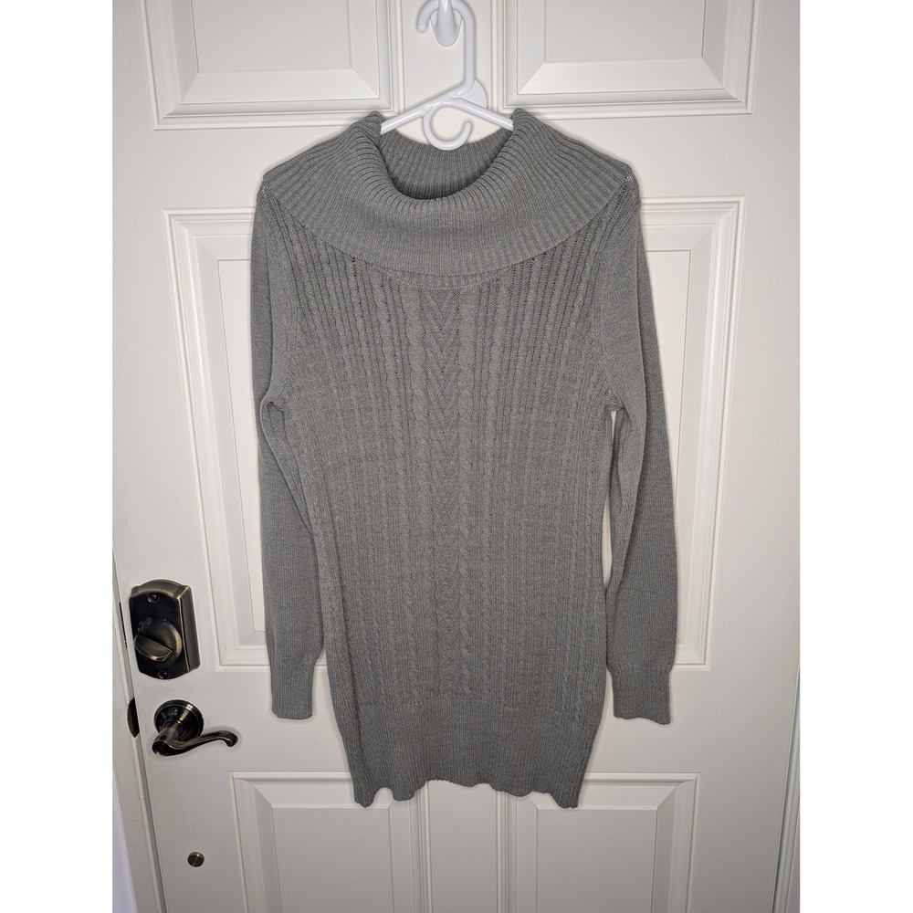 White House Black Market Heather Grey Cowl Neck Cable Knit Sweater Dress Large - Picture 2 of 5